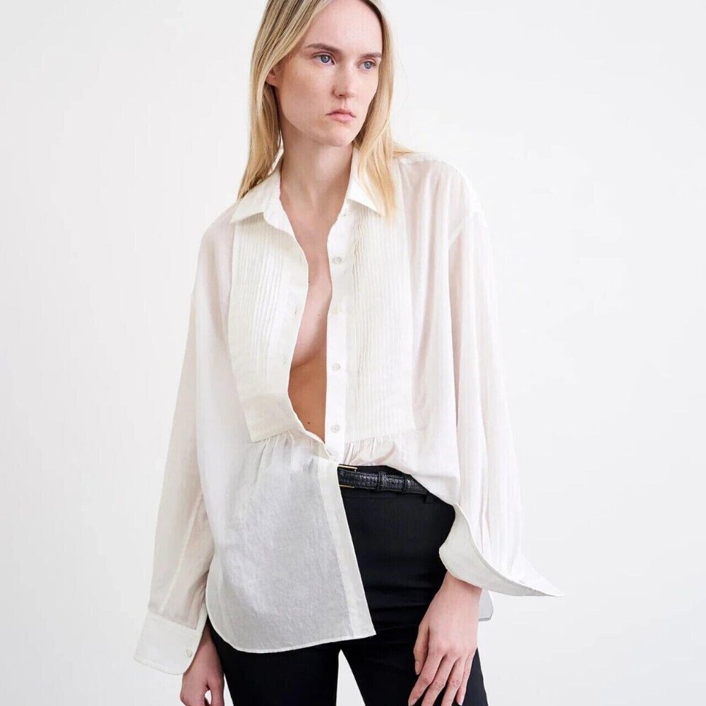 Nili Lotan Daniel Voile Tuxedo Pintucked Buttondown Tunic Shirt Top XS 274844